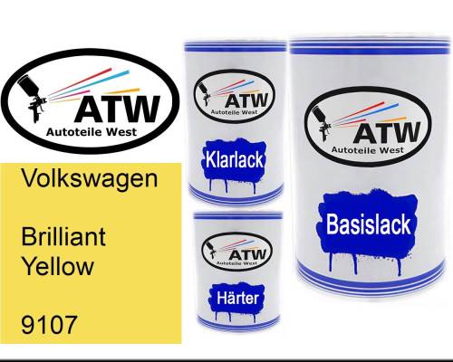 Volkswagen, Brilliant Yellow, 9107: 500ml Lackdose + 500ml Klarlack + 250ml Härter - Set, von ATW Autoteile West.